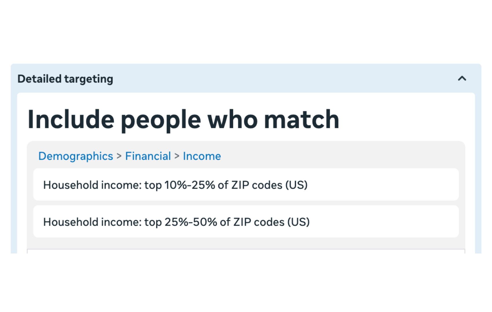 Meta Ads detailed targeting panel showing household income filters for top US ZIP codes.
