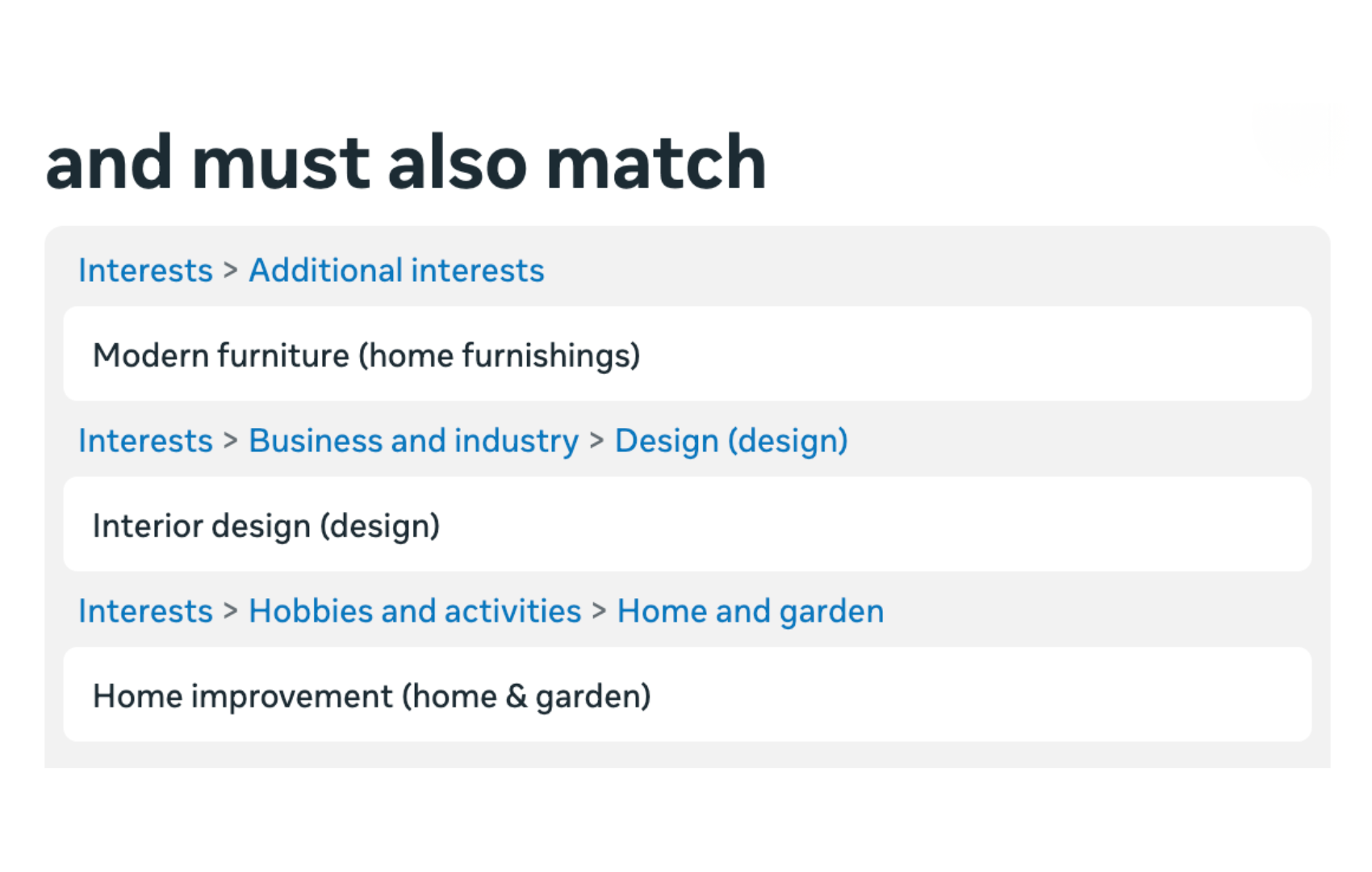 Meta Ads detailed targeting panel showing income, interests and behavior filters layered together.
