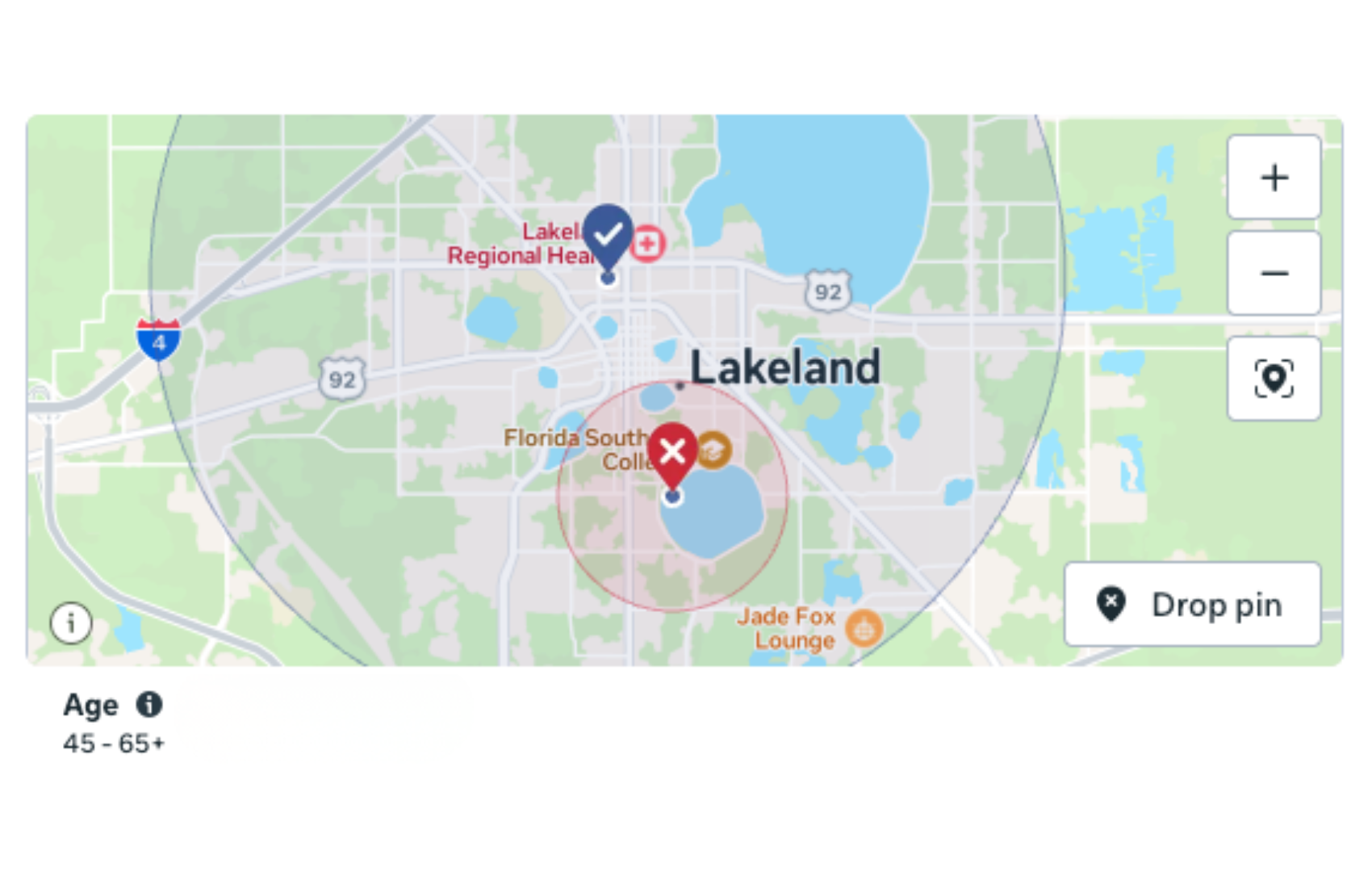 Map view showing a targeted service radius around Lakeland with included and excluded zones.